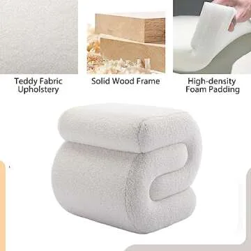 KIVENJAJA Sherpa Ottoman Stool, Modern S-Shaped Boucle Vanity Stool Pouf Ottoman Seat, Decorative Floor Chair Foot Stool for Makeup Room, Bedroom, Living Room (Teddy, White)