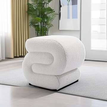 KIVENJAJA Sherpa Ottoman Stool, Modern S-Shaped Boucle Vanity Stool Pouf Ottoman Seat, Decorative Floor Chair Foot Stool for Makeup Room, Bedroom, Living Room (Teddy, White)