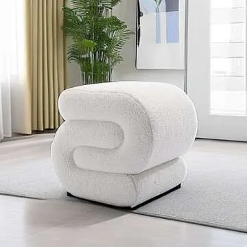 KIVENJAJA Sherpa Ottoman Stool, Modern S-Shaped Boucle Vanity Stool Pouf Ottoman Seat, Decorative Floor Chair Foot Stool for Makeup Room, Bedroom, Living Room (Teddy, White)