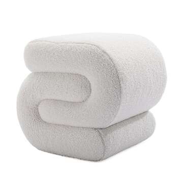KIVENJAJA Sherpa Ottoman Stool, Modern S-Shaped Boucle Vanity Stool Pouf Ottoman Seat, Decorative Floor Chair Foot Stool for Makeup Room, Bedroom, Living Room (Teddy, White)