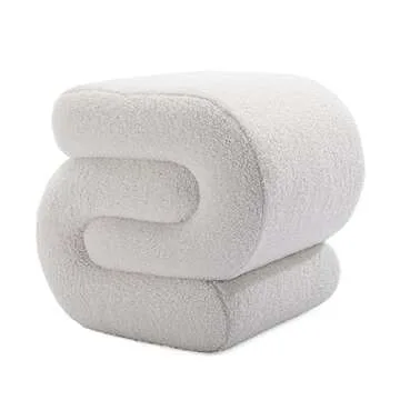 KIVENJAJA Sherpa Ottoman Stool, Modern S-Shaped Boucle Vanity Stool Pouf Ottoman Seat, Decorative Floor Chair Foot Stool for Makeup Room, Bedroom, Living Room (Teddy, White)