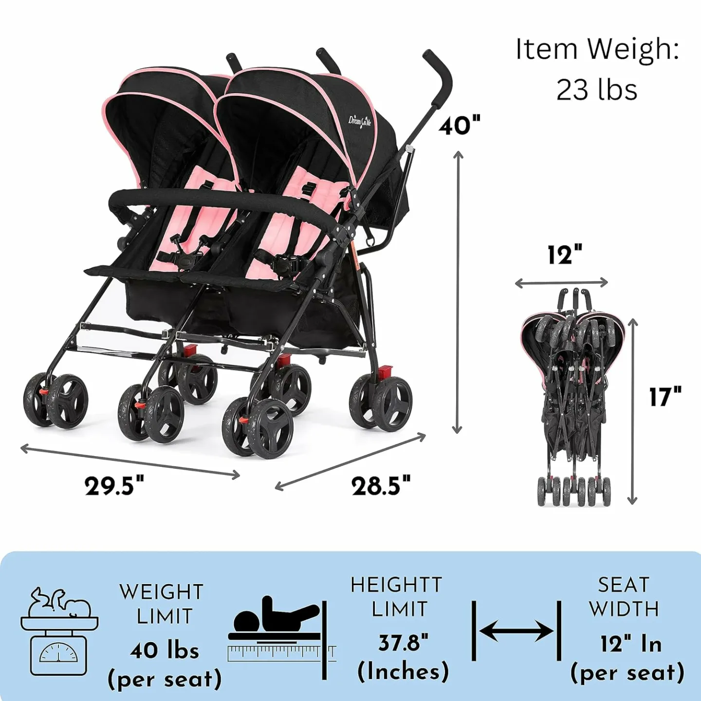 Pink Volgo Twin Umbrella Stroller | Lightweight & Stylish