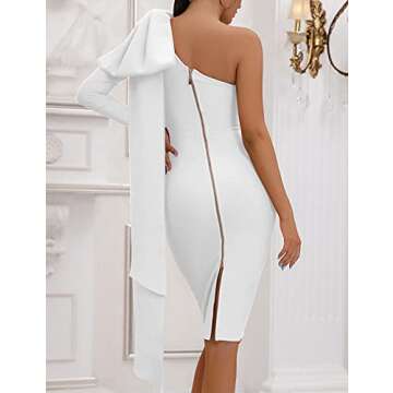 One Shoulder Bodycon Bandage Dress for Women Tie Midi Celebrity Evening Clubwear Cocktail Party Dresses (White, S)