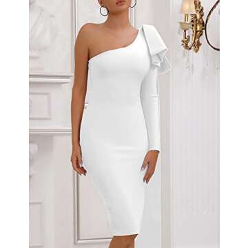 One Shoulder Bodycon Bandage Dress for Women Tie Midi Celebrity Evening Clubwear Cocktail Party Dresses (White, S)