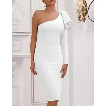 One Shoulder Bodycon Bandage Dress for Women Tie Midi Celebrity Evening Clubwear Cocktail Party Dresses (White, S)
