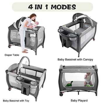 Kinder King 4 in 1 Portable Pack n Play, Baby Nursery Center Playard w/Bassinet, Large Playpen for I...
