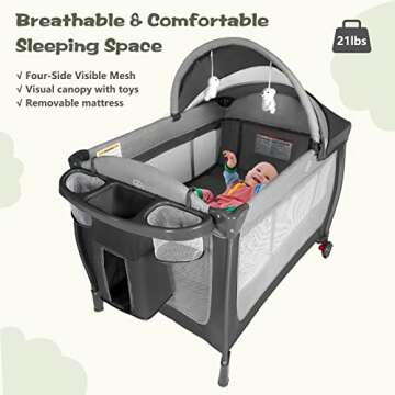Kinder King 4 in 1 Portable Pack n Play, Baby Nursery Center Playard w/Bassinet, Large Playpen for Infant and Toddler, Newborn Changing Table, Adjustable Canopy, Storage Basket, Travel Bag, Grey