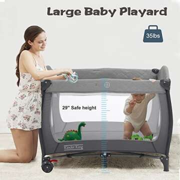 Kinder King 4 in 1 Portable Pack n Play, Baby Nursery Center Playard w/Bassinet, Large Playpen for Infant and Toddler, Newborn Changing Table, Adjustable Canopy, Storage Basket, Travel Bag, Grey