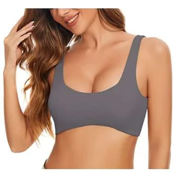 SAFRISIOR Women's Solid Comfort Wireless Scoop Neck Sleeveless Backless Crop Tank Cami Yoga Sleep Sports Bra, Dark Grey, Medium