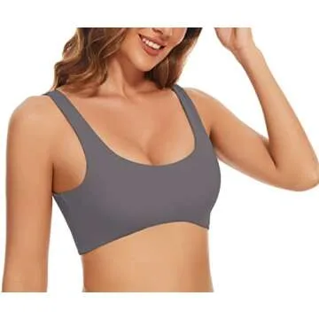 SAFRISIOR Women's Solid Comfort Wireless Scoop Neck Sleeveless Backless Crop Tank Cami Yoga Sleep Sports Bra, Dark Grey, Medium