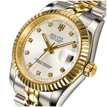 HOLUNS Mens Full Gold Watch Automatic Mechanical Gilded Steel Self-Wind Sapphire Glass Dress Waterpr...