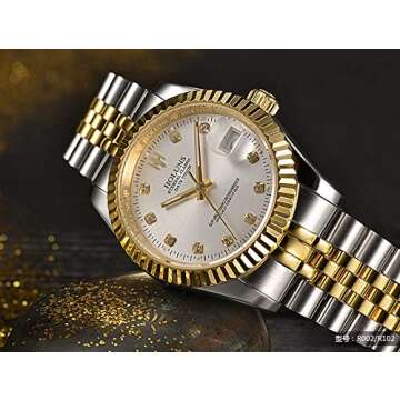 HOLUNS Mens Full Gold Watch Automatic Mechanical Gilded Steel Self-Wind Sapphire Glass Dress Waterproof Watch (Gold&Silver with White Dial)