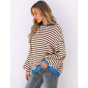 UEU Womens Striped Long Sleeve Sweatshirt Oversized Color Block Crew Neck Shirt Casual Y2K Pullover Top Coffee Striped Large