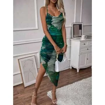 SOLY HUX Women's Tie Dye Cowl Neck Split Hem Bodycon Cami Dress Backless Long Dresses Green Tie Dye S