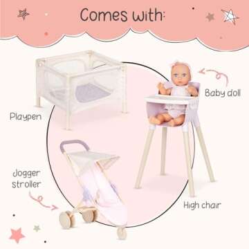 LullaBaby – 14-inch Realistic Baby Doll – Fair Skin Tone & Blue Eyes – Doll Playpen, High Chair & Jogger Stroller Set – Pretend Play – Toys For Kids Ages 2 & Up – Baby Doll & Nursery Playset