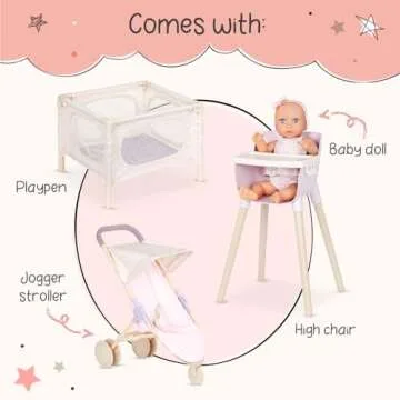 LullaBaby – 14-inch Realistic Baby Doll – Fair Skin Tone & Blue Eyes – Doll Playpen, High Chair & Jogger Stroller Set – Pretend Play – Toys For Kids Ages 2 & Up – Baby Doll & Nursery Playset