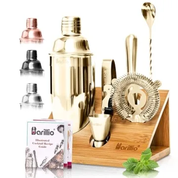 Barillio Gold Bartender Kit - Stainless-Steel Cocktail Shaker Set w/Bamboo Stand - Mixology Bar Tool...