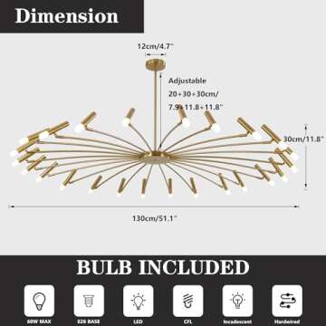 Flyrose Extra Large Sputnik Chandelier Brass Gold Dining Room Lighting Fixtures 24-Light LED Chandel...