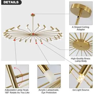 Flyrose Extra Large Sputnik Chandelier Brass Gold Dining Room Lighting Fixtures 24-Light LED Chandelier Mid Century Modern Sputnik Chandelier Brushed Gold Chandelier for Dining Room Bedroom
