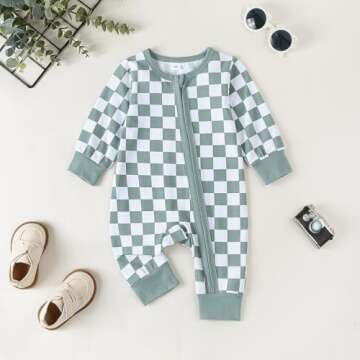 Karuedoo Checkered Long Sleeve Zipper Romper for Infants 0-12 Months