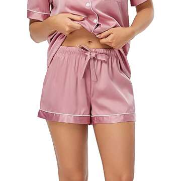 Serenedelicacy Women's Satin Pajama Set 2-Piece Sleepwear Loungewear Button Down Short Sleeve Silky PJ Set (Medium, Bridal Rose)