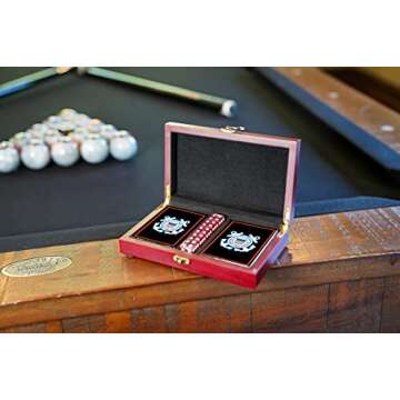 Military Gift Shop USCG Playing Cards with Dice – Wooden Keepsake Box Adorned with Metal USCG Medallion.- Coast Guard Card Set