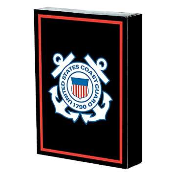 Military Gift Shop USCG Playing Cards with Dice – Wooden Keepsake Box Adorned with Metal USCG Medallion.- Coast Guard Card Set