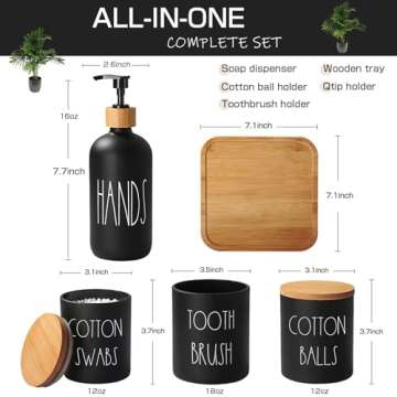 ALPIRIRAL Matte Black Bathroom Accessories Set - 5 Pcs Glass & Bamboo Tray