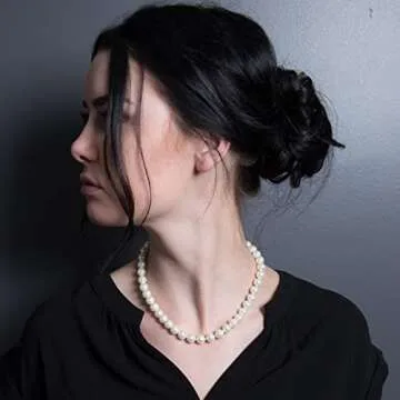 KEZEF Pearl Necklaces for Women - Simulated Faux Cream White Pearl Necklace 16" - Hand Knotted Strand - Pearl Size 10mm - Pearl Choker Necklace - Jewelry Gifts