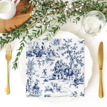 JarThenaAMCS 80 Sheet Blue White Paper Napkins French Village Printed Disposable Napkins Farmhouse Decorative Luncheon Dinner Napkins for Party Supplies Table Decor, 6.5 x 6.5 Inch