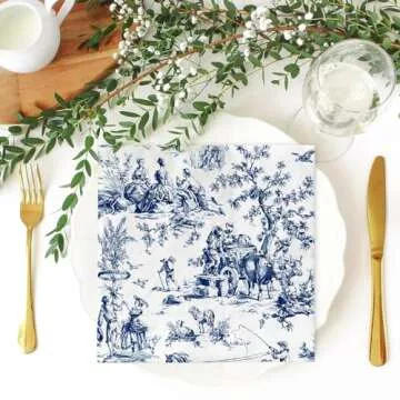 JarThenaAMCS 80 Sheet Blue White Paper Napkins French Village Printed Disposable Napkins Farmhouse Decorative Luncheon Dinner Napkins for Party Supplies Table Decor, 6.5 x 6.5 Inch