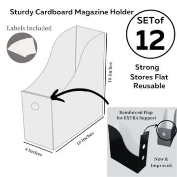 Evelots Magazine File Holder - Set of 12 White - Office Desk Organizer - Sturdy Cardboard - New Upgraded Double Front Panel for More Stability - Full 4 Inch Wide - Easy Assemble