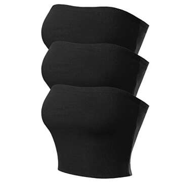 MixMatchy Women's 3-Pack Double Layered Strapless Bandeau Bra Tube Top - Black