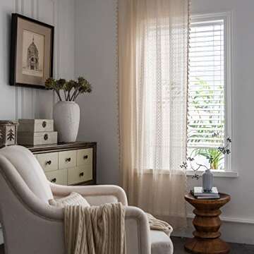 JOOJA Boho Lace Curtains 2 Panels Beige Lace Sheer Curtains with Crochet Semi Sheer Vintage Lace Cur...