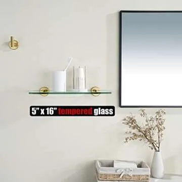 JQK Bathroom Glass Shelf Gold, Tempered Glass Shower Storage 16 by 5 inches, 304 Stainless Steel Bru...