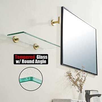 JQK Bathroom Glass Shelf Gold, Tempered Glass Shower Storage 16 by 5 inches, 304 Stainless Steel Brushed Gold Wall Mount 2 Pack, TGS101L16-BG-P2