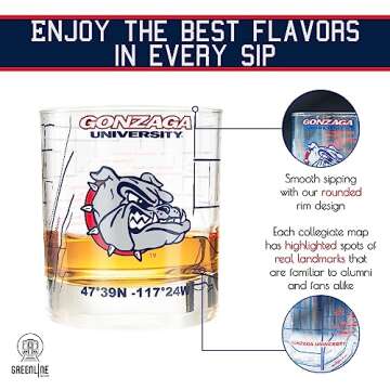 Greenline Goods Gonzaga University Whiskey Glass Set (2 Low Ball Glasses) - Contains Full Color Spike The Bulldog Logo & Campus Map - Gift Idea for Gonzaga College Grads & Alumni - Glassware