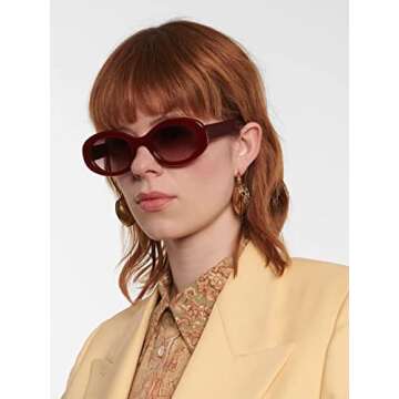 PORADAY Modern Thick Oval Sunglasses for Women Fashion Clout Goggles Retro Narrow Chunky Sun Glasses Gradient Shades Round 90s (Red/Pink Brown Gradient)
