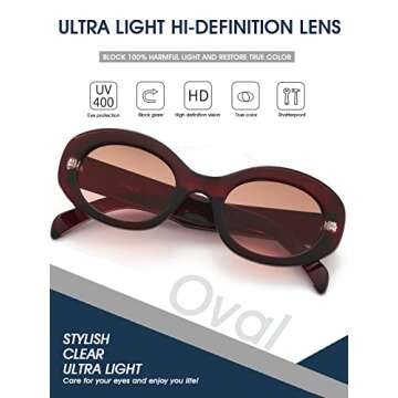 PORADAY Modern Thick Oval Sunglasses for Women Fashion Clout Goggles Retro Narrow Chunky Sun Glasses Gradient Shades Round 90s (Red/Pink Brown Gradient)