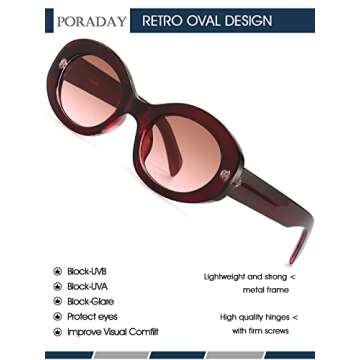PORADAY Modern Thick Oval Sunglasses for Women Fashion Clout Goggles Retro Narrow Chunky Sun Glasses Gradient Shades Round 90s (Red/Pink Brown Gradient)
