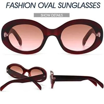 PORADAY Modern Thick Oval Sunglasses for Women Fashion Clout Goggles Retro Narrow Chunky Sun Glasses Gradient Shades Round 90s (Red/Pink Brown Gradient)