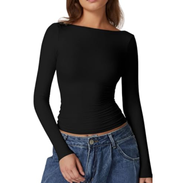 QINSEN Long Sleeve Open Back Tops Double Lined Slim Fit Going Out Tops Boat Neck T Shirts for Women ...