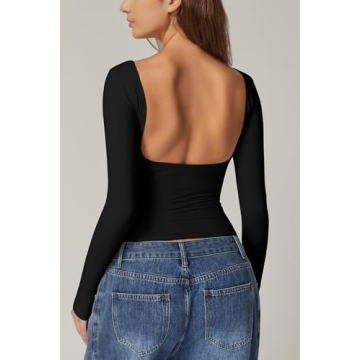 QINSEN Long Sleeve Open Back Tops Double Lined Slim Fit Going Out Tops Boat Neck T Shirts for Women Black S