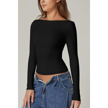 QINSEN Long Sleeve Open Back Tops Double Lined Slim Fit Going Out Tops Boat Neck T Shirts for Women Black S