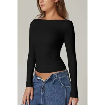 QINSEN Long Sleeve Open Back Tops Double Lined Slim Fit Going Out Tops Boat Neck T Shirts for Women Black S