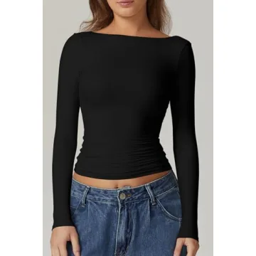 QINSEN Long Sleeve Open Back Tops Double Lined Slim Fit Going Out Tops Boat Neck T Shirts for Women Black S
