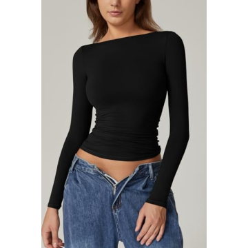 QINSEN Long Sleeve Open Back Tops Double Lined Slim Fit Going Out Tops Boat Neck T Shirts for Women Black S