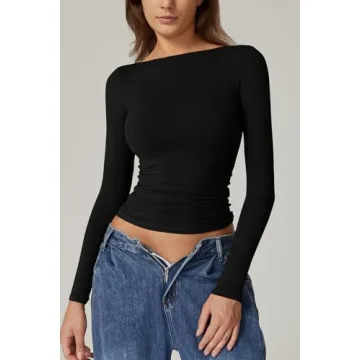 QINSEN Long Sleeve Open Back Tops Double Lined Slim Fit Going Out Tops Boat Neck T Shirts for Women Black S