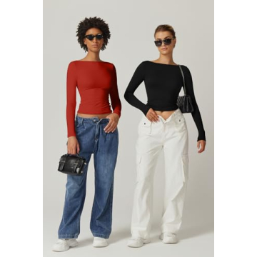 QINSEN Long Sleeve Open Back Tops Double Lined Slim Fit Going Out Tops Boat Neck T Shirts for Women Black S