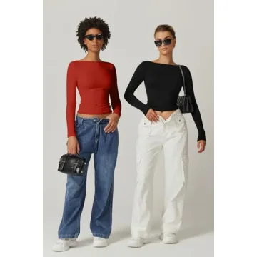 QINSEN Long Sleeve Open Back Tops Double Lined Slim Fit Going Out Tops Boat Neck T Shirts for Women Black S